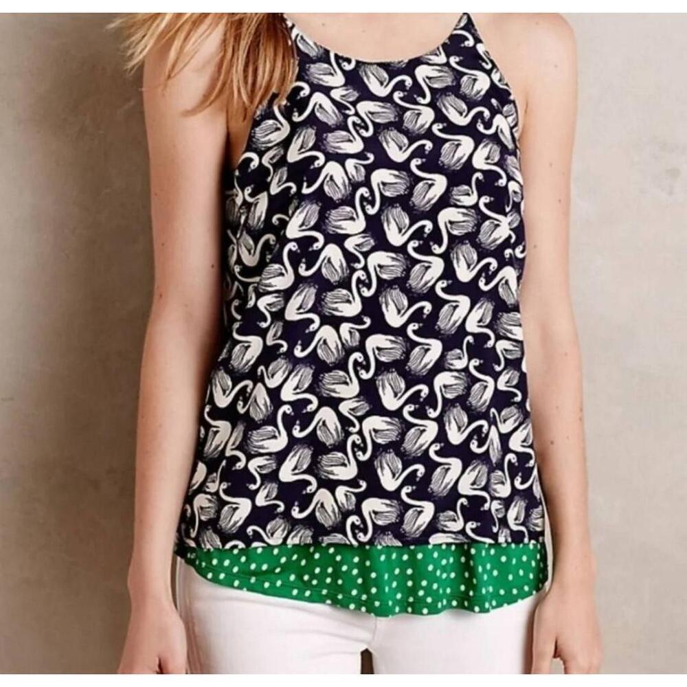 Porridge Layered Swan Print Sleeveless Tank Top Scoop Neck XS